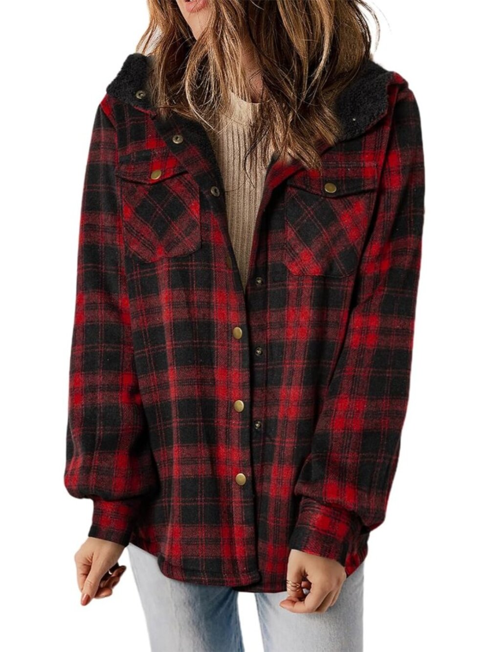 Women’s Red Plaid Fleece Hooded Shacket Warm Sherpa Flannel Winter Jacket